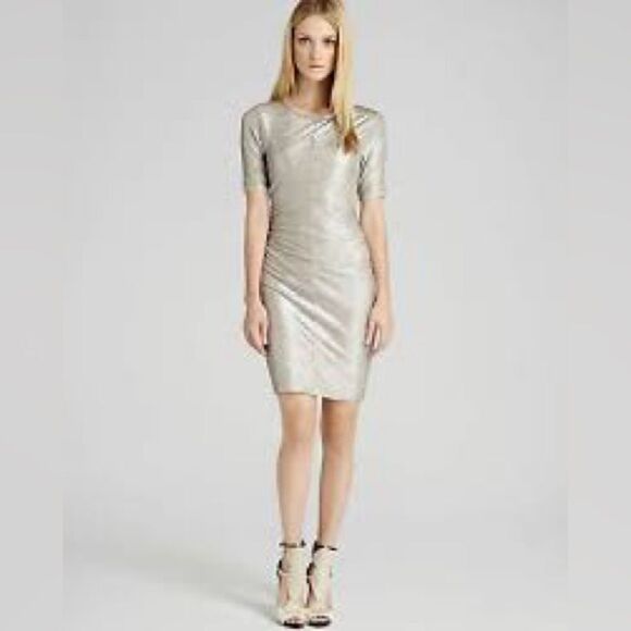 Women’s REISS Abellia Metallic Silver Ruched Bodycon MINI Dress size 6 - Picture 1 of 10